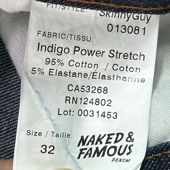 Naked & Famous Jeans Mens 32x33 Blue Indigo Power Stretch SkinnyGuy Denim